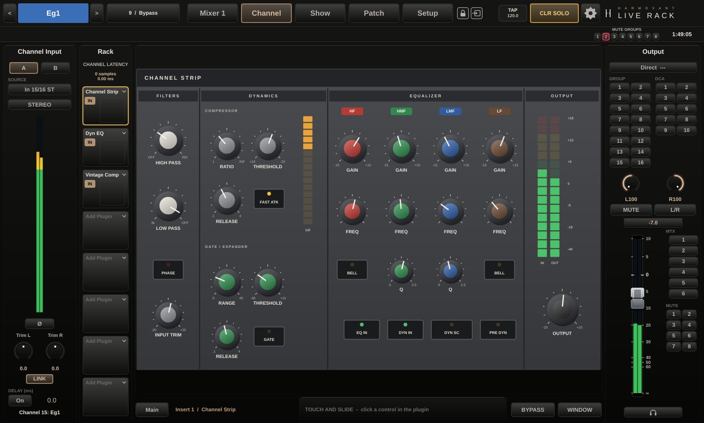 Tela de canal do Live Rack com o plugin aberto dentro da mesa e o rack de inserts
